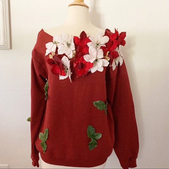 Upcycled Ugly Christmas Sweatshirt Poinsettia Red - Picture 1 of 7